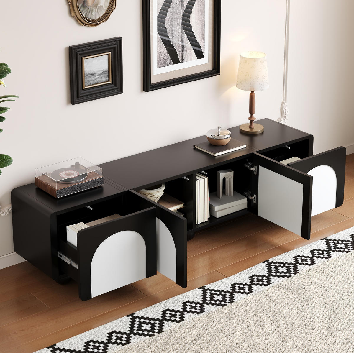 TV-SCHRANK aus MDF und PB 180x38x45 cm Schwarz-Weiß mit 2 Schubladen, 2 Türen und Kabelmanagement - Schwarz, Holzwerkstoff (180/45/38cm) - Modfu