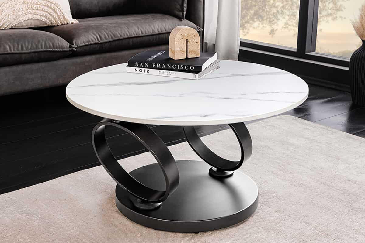COUCHTISCH DANCING RINGS Marmor rund Grau|Weiß 80cm - Schwarz/Weiß, Keramik/Metall (80/80/44cm) - riess-ambiente