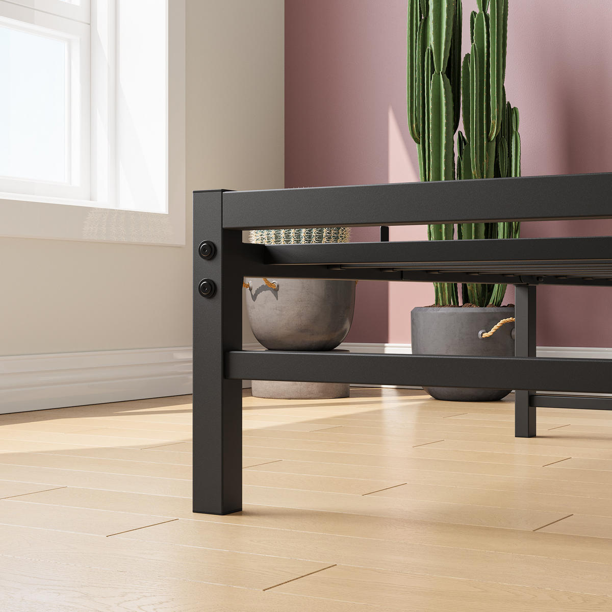 METALLBETT 90/200 mit Stauraum unter dem Bett, mit Lattenrost - Schwarz, Metall (90/200cm) - STILVORA