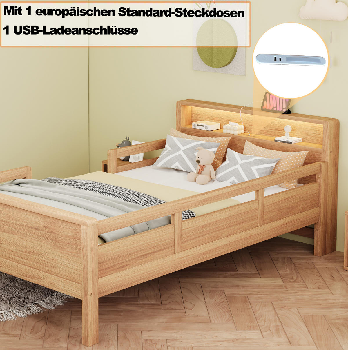 KINDERBETT 90x200 cm in Naturholz mit LED-Leuchte, USB- und Typ-C-Anschluss - Naturfarben, Holz (90/200cm) - IVMEU