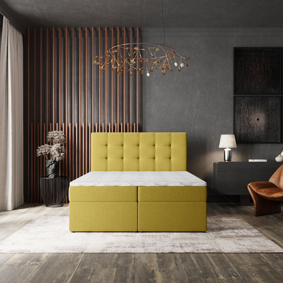 BOXBETT PALMA 140x200 cm mit Matratze und Topper, H2+H3 - Gelb - Gelb, Holz (140/200cm) - MASSENO