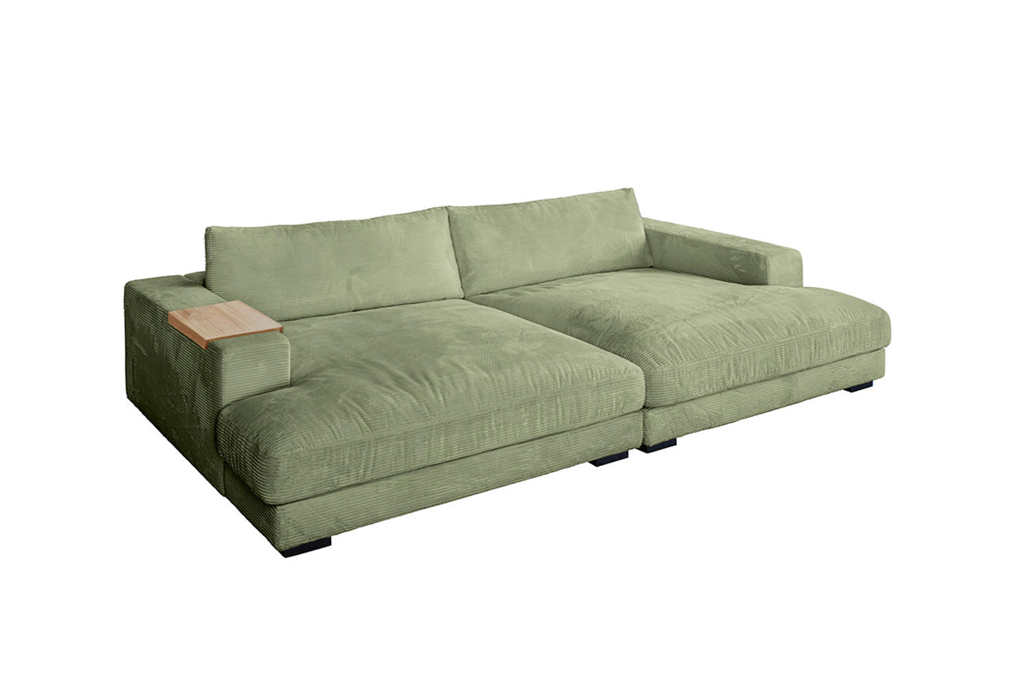 BIG SOFA XL MIT TABLETT NATUR MADELINE Grün Cord - Schwarz/Olivgrün, Kunststoff/Textil (290/85/190cm) - KAWOLA