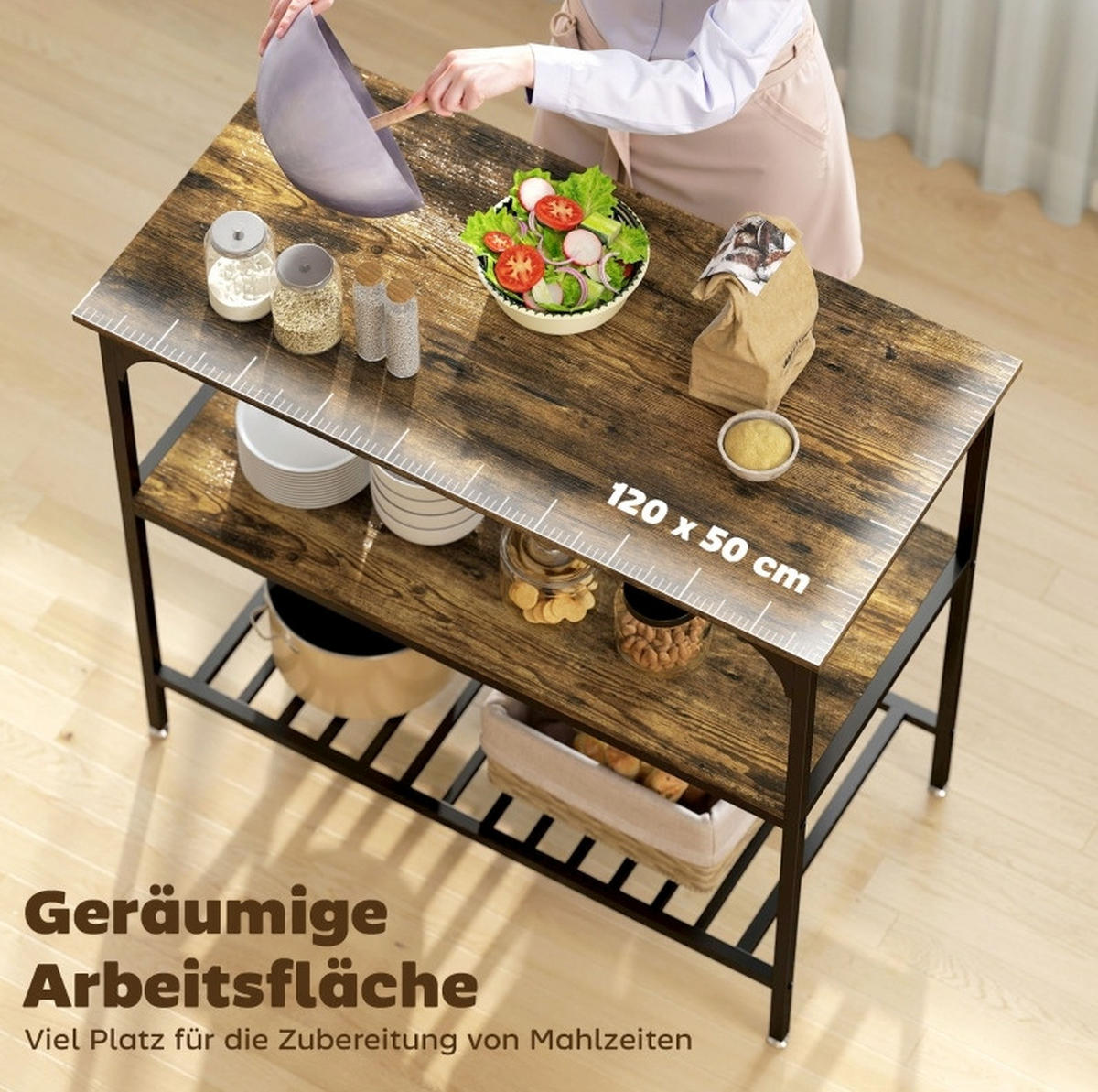 STANDREGAL aus Holz und Stahl 100x50x90 cm Rustikalbraun/Schwarz mit 2 Ablagen und Stahlgitter - Braun, Holz (100/90/50cm) - Modfu