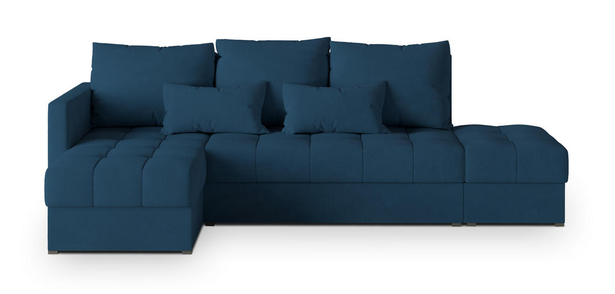 ECKSOFA LUMARI L-S Blau Plüsch-Stoff mit Schlaffunktion - Blau, Holz (262/143cm) - MASSENO