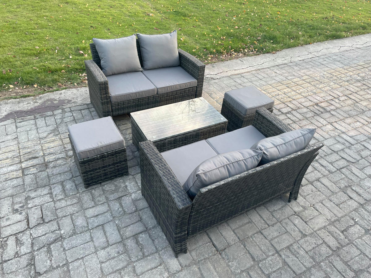 GARTENMÖBEL-SET MIT COUCHTISCH DOPPELSITZ-SOFA Polyrattan Dunkelgrau Gemischt 6-Sitzer - Dunkelgrau, Metall - Fimous