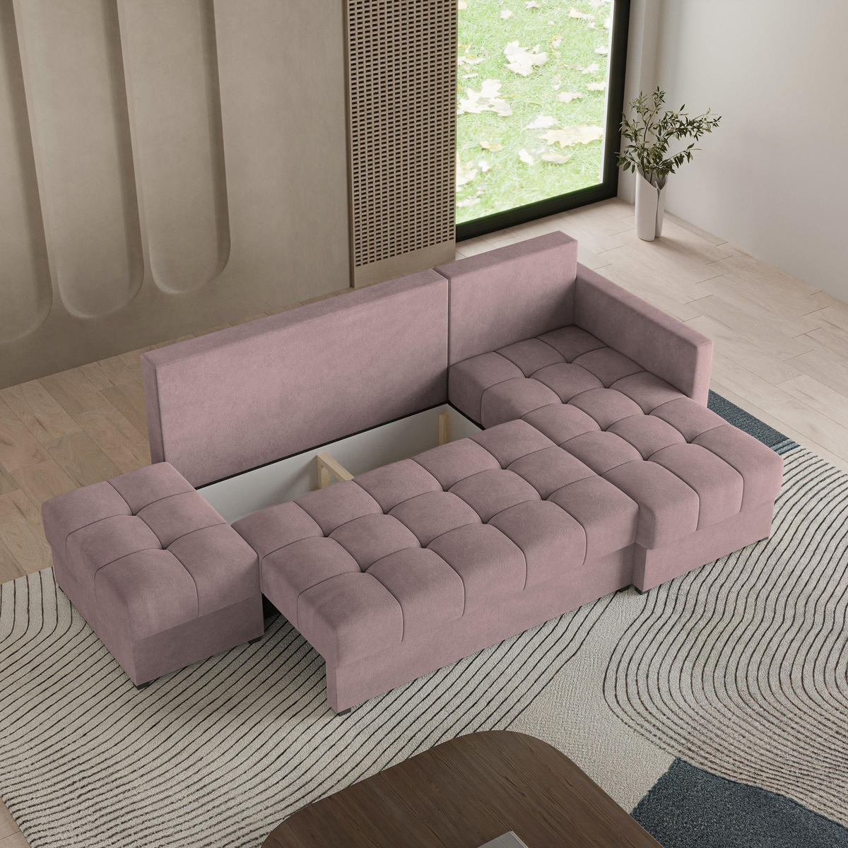 ECKSOFA LUMARI R-S Rosa Plüsch-Stoff mit Schlaffunktion - Rosa, Holz (262/143cm) - MASSENO