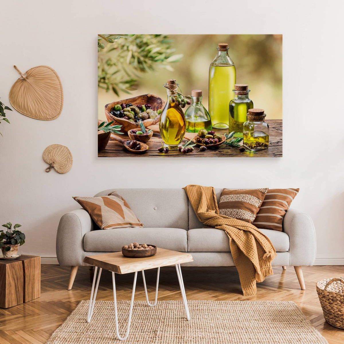 LEINWANDBILD Für Küche Esszimmer Olivenöl Oliven Gewürze Natur 3D 120x80 - Beige/Schwarz, Textil (120/80cm) - Muralo