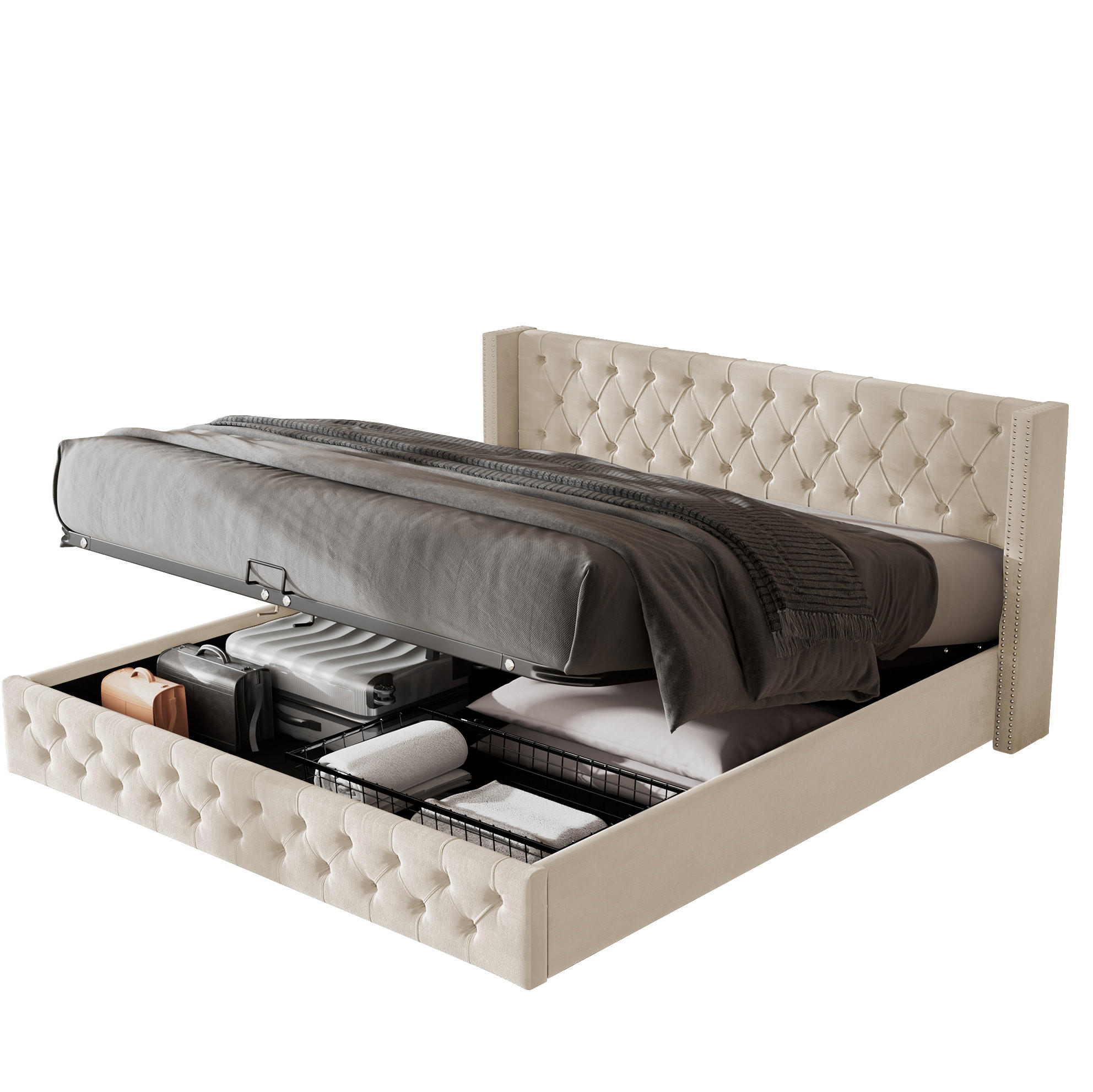 POLSTERBETT mit Bettkasten 160x200 cm Samt Beige - Beige, Metall (160/200cm) - Meubliv