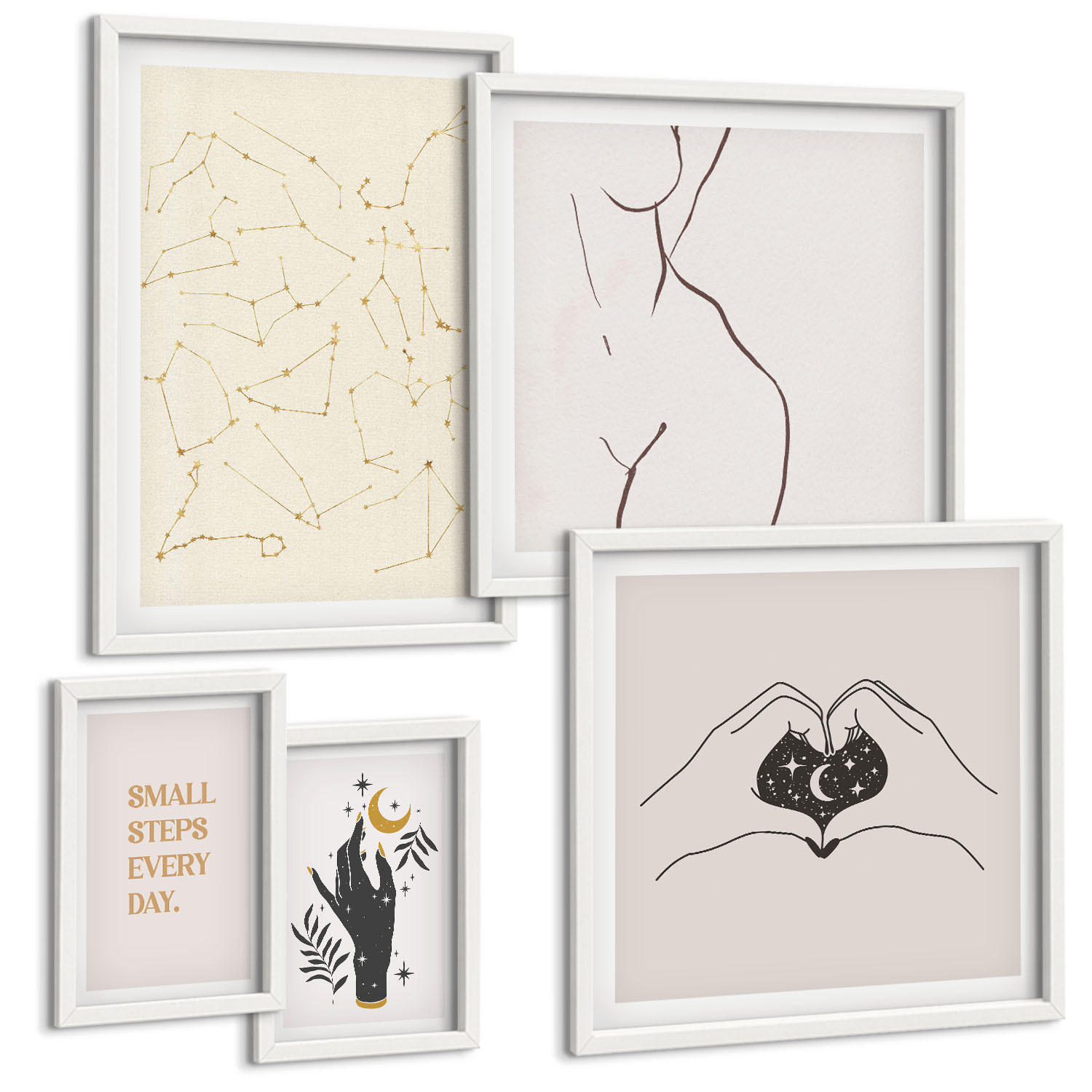 BILDER SET 5er Set - 50x50 cm & 20x30 cm & 40x60 cm Weißer Rahmen - Minimalistische Boho-Illustrationen - Weiß, Kunststoff (40/60cm) - TULUP