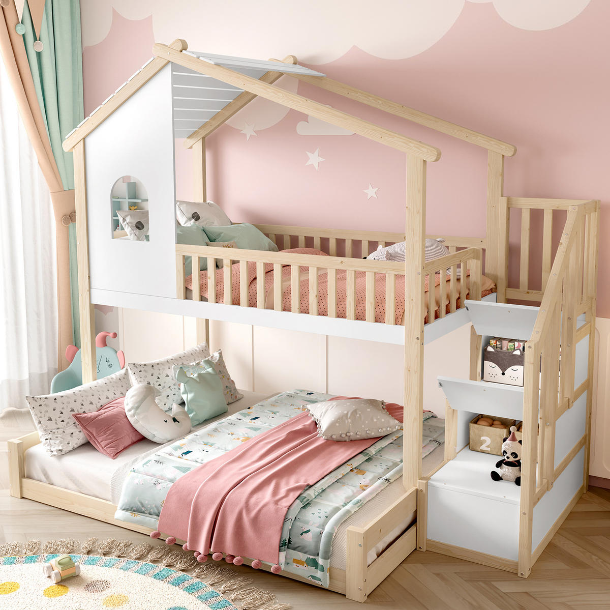 ETAGENBETT mit Stauraumleiter 90x200 und 140x200 cm Kiefernholz Natur/Weiß - Weiß, Holzwerkstoff (90/200cm) - Beauniv
