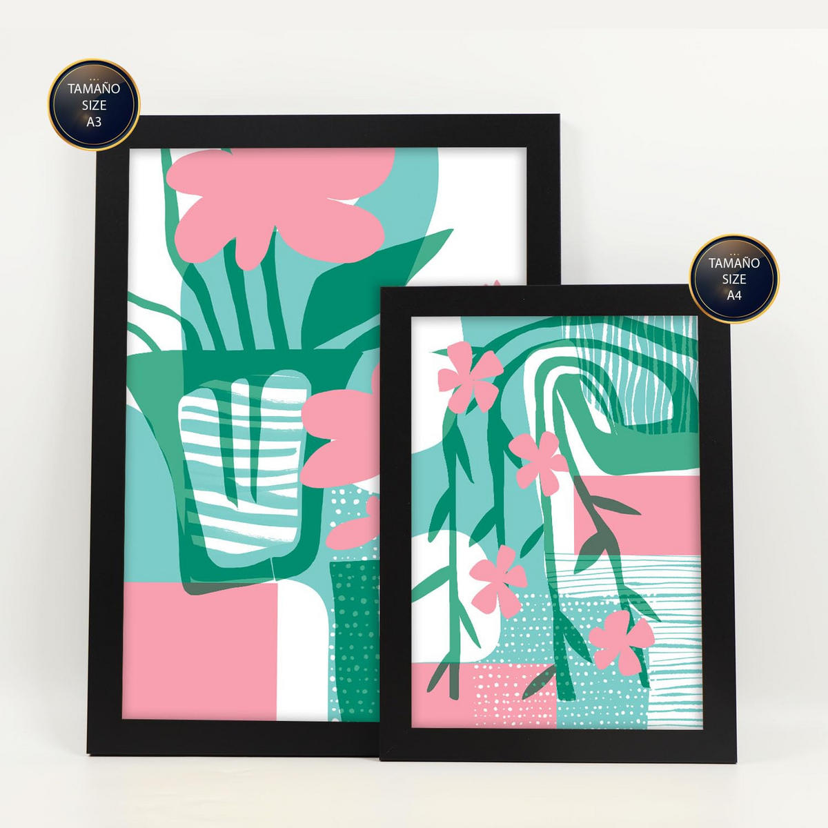 POSTER Set Mit 6 Pinkes Grün In Blume Zusammenfassung Ästhetische Dekorative Gemälde Für Ihr Wohnzimmer Schlafzimmer Zuhause A3 & A4 Schwarzer Rahmen - Schwarz, Papier (29/3cm) - Nacnic