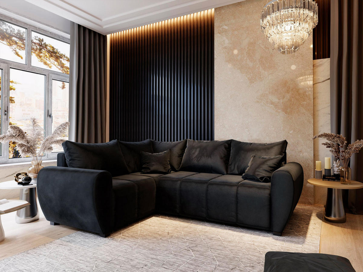 ECKSOFA MADISON L L-S Schwarz Plüsch-Stoff mit Schlaffunktion - Schwarz, Holz (235/175cm) - MASSENO