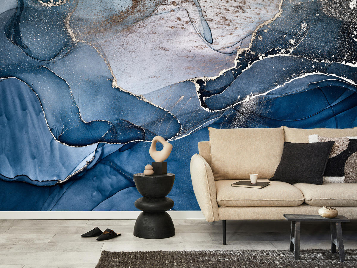 FOTOTAPETE für Badezimmer Blauer Marmor Gold Modern 150x105 - Blau/Goldfarben, Papier (150/105cm) - Muralo