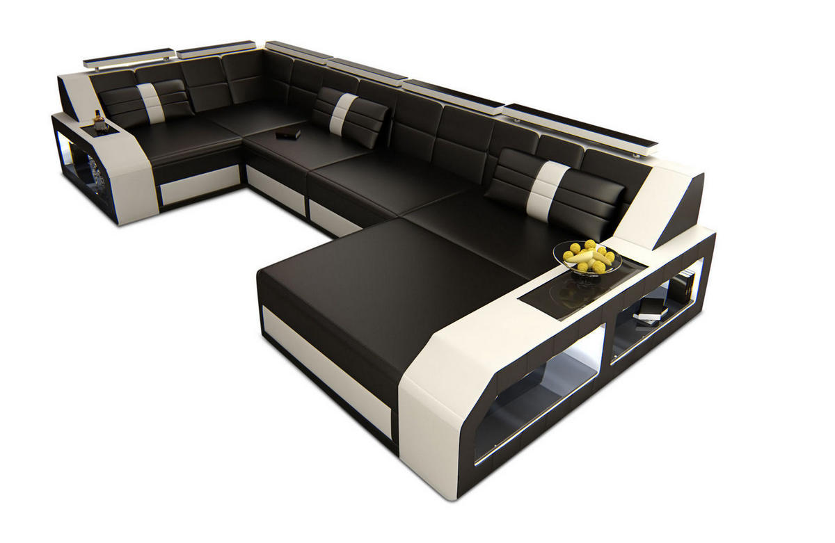 WOHNLANDSCHAFT Arezzo U - Schwarz/Weiß, Leder (380/86/197cm) - Sofa Dreams