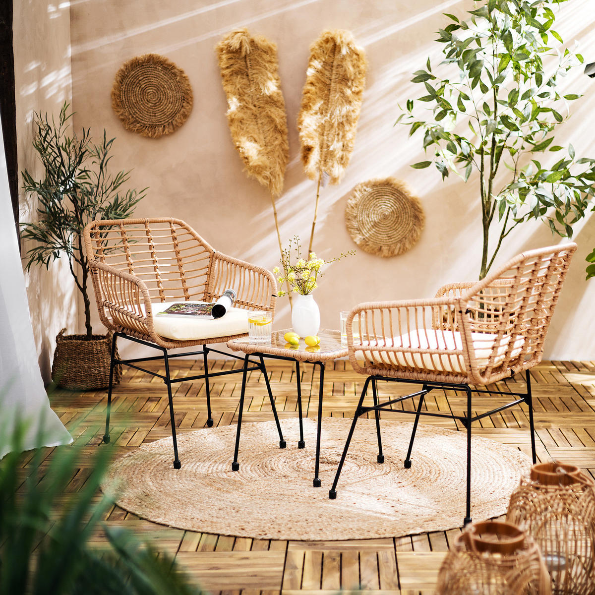 BALKONSET - Polyrattan / Stahl - Beige / Schwarz - 3-teilig - Beige/Schwarz, Naturmaterialien/Glas - home24