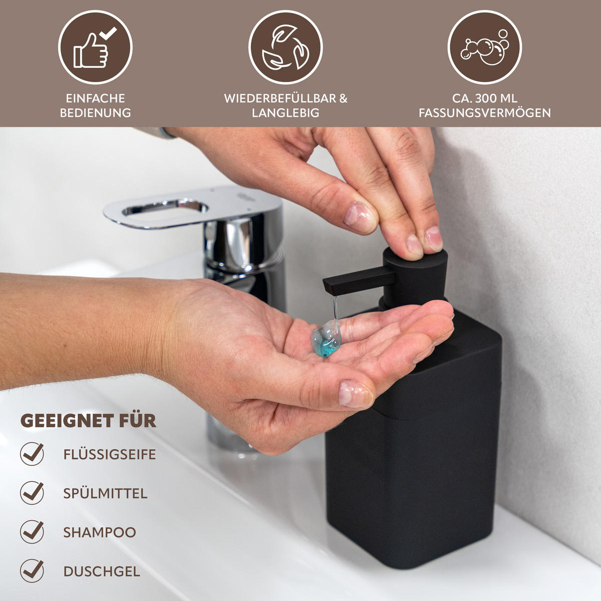 BADEZIMMER-SET SAVONA, Soft-Touch, schwarz, eckig - Schwarz, Kunststoff (7/16/9cm) - bremermann