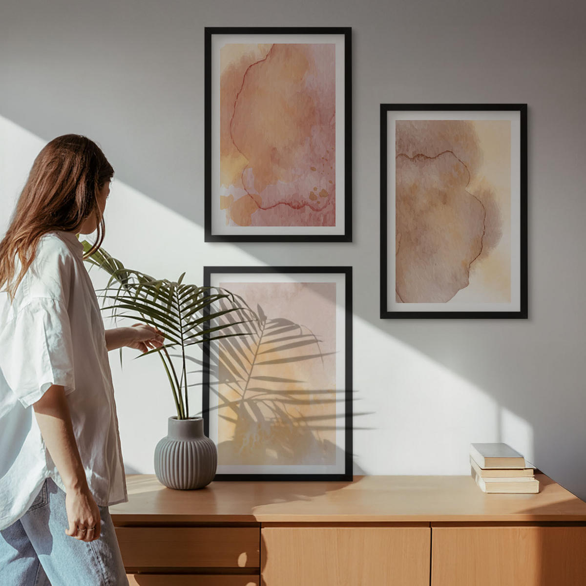 BILDER SET 3er Set - 40x60 cm Schwarzer Rahmen - Warme, farbenfrohe Aquarelltexturen - Schwarz, Kunststoff (40/60cm) - TULUP
