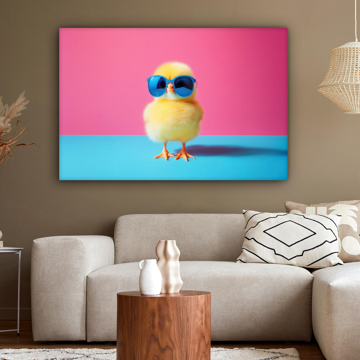 LEINWANDBILD Chick - Sonnenbrille - Blau Groß 140x90 cm - Pink/Gelb, Textil (140/90cm) - MuchoWow
