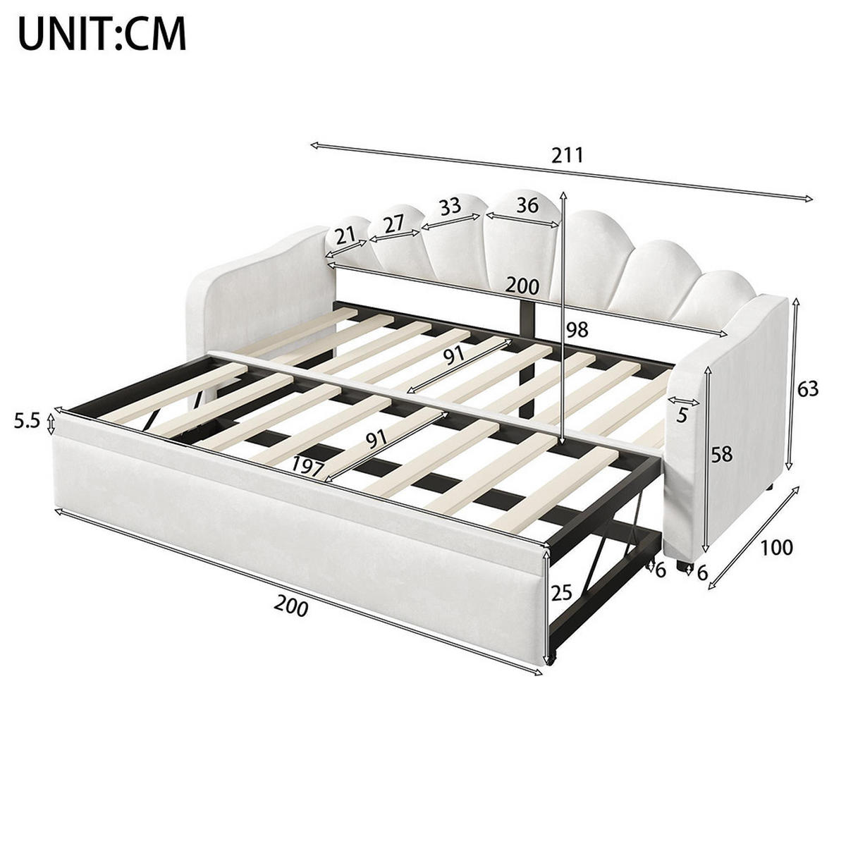 POLSTERBETT 90x200 cm mit Ausziehfunktion und LED-Beleuchtung, Weiß - Weiß, Holz (90/200cm) - KOMHTOM