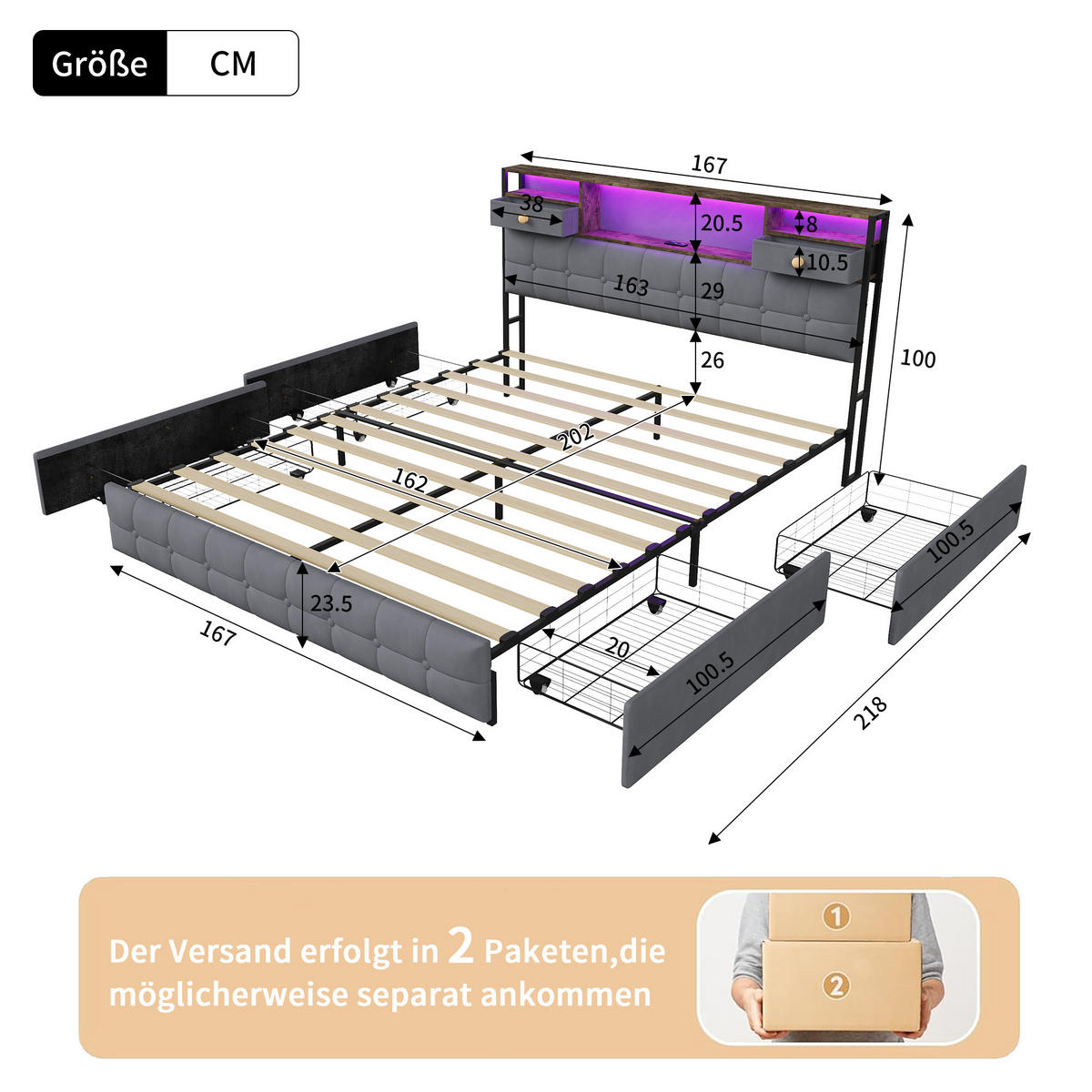 POLSTERBETT 160x200 cm mit 4 Schubladen, LED und USB-/Typ-C-Anschlüsse, Samt in Grau - Grau, Holz (160/200cm) - BRILVERDE