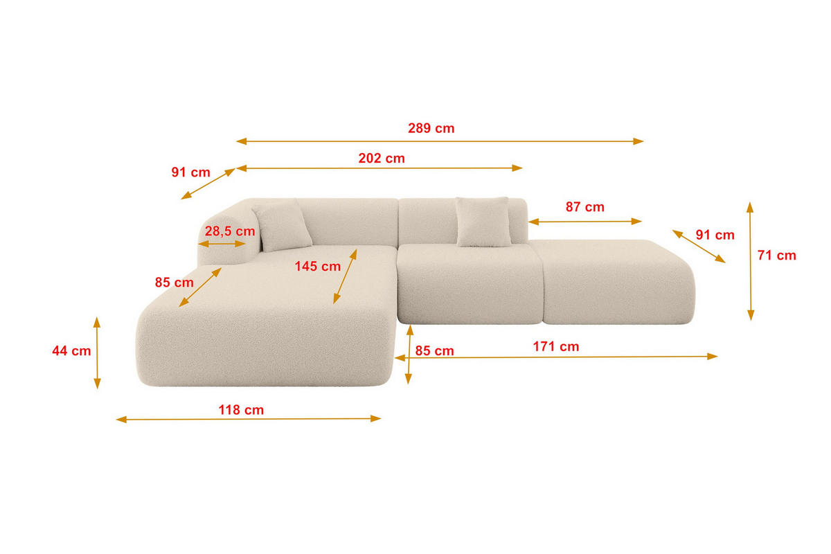 ECKSOFA Ottomane Links OVLY-L 289x176x71 Dunkelbeige Bouclé - Schwarz/Cappuccino, Holzwerkstoff/Kunststoff (176/289cm) - ALTDECOR