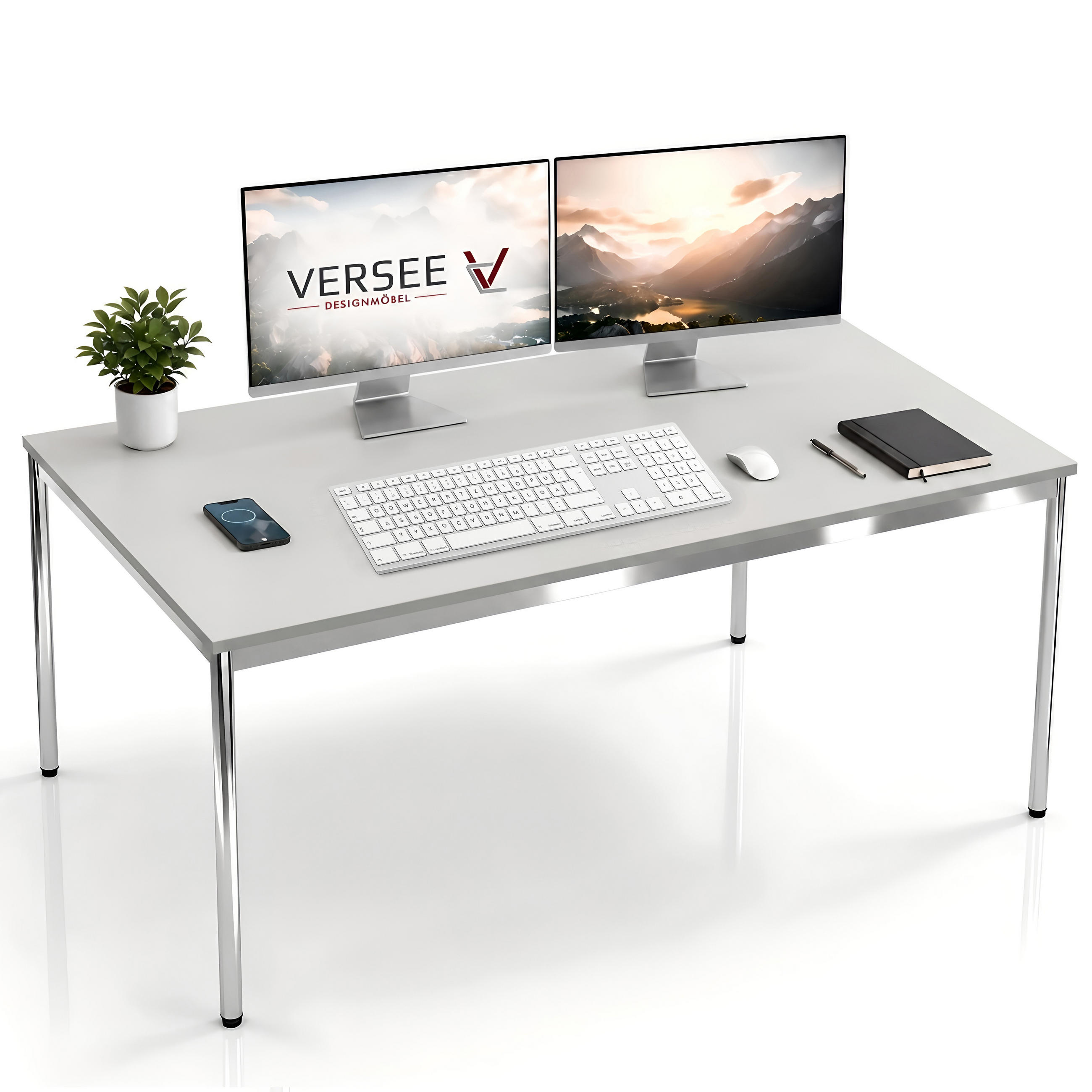 SCHREIBTISCH VST1 150 x 90 cm Lichtgrau – höhenverstellbar - Chromfarben/Grau, Holzwerkstoff (150/90/75.5cm) - Versee