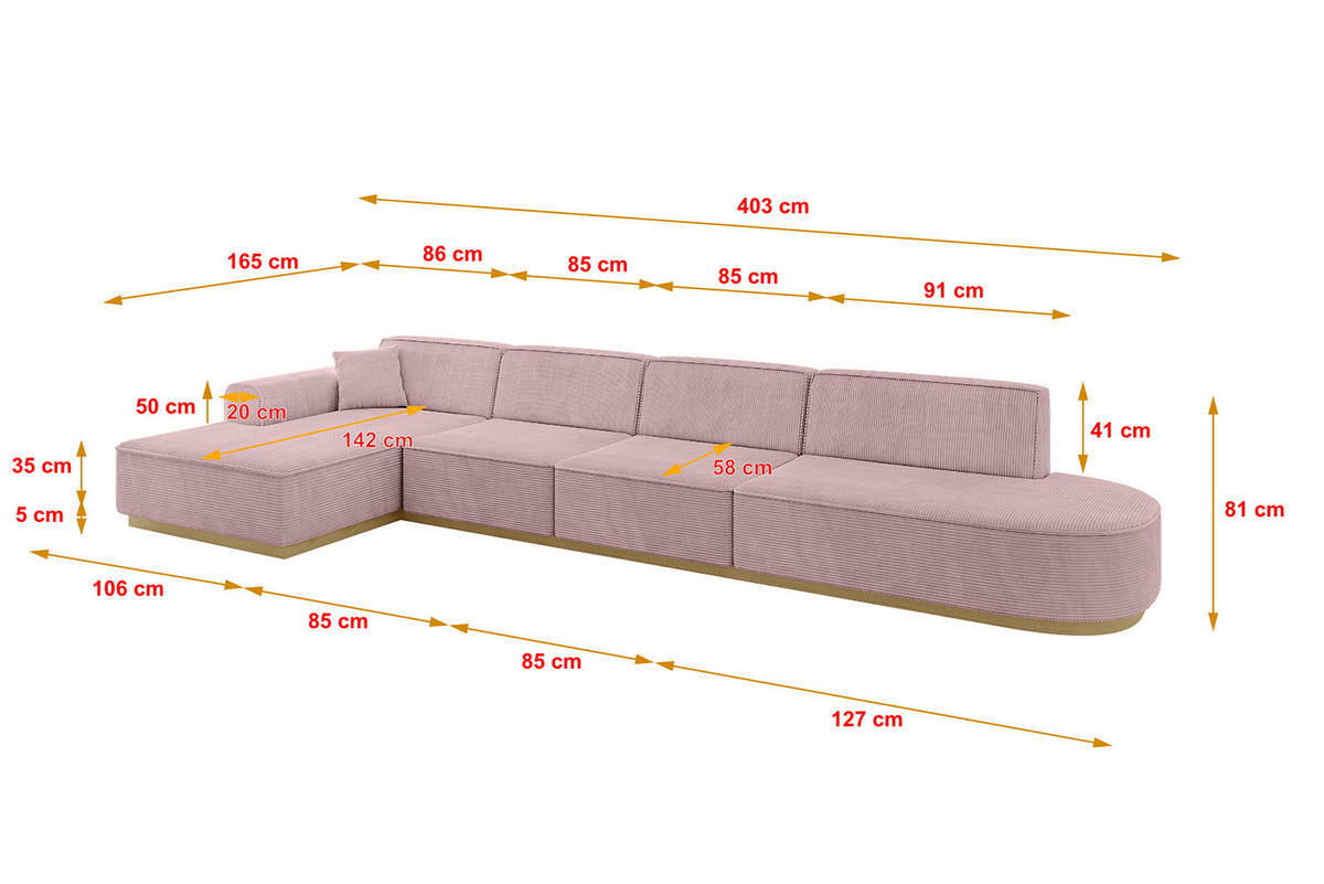 ECKSOFA Ottomane Links IREA-L3-v2 - 403x165x81 cm Rosa - Rosa, Holzwerkstoff/Textil (403/165cm) - ALTDECOR