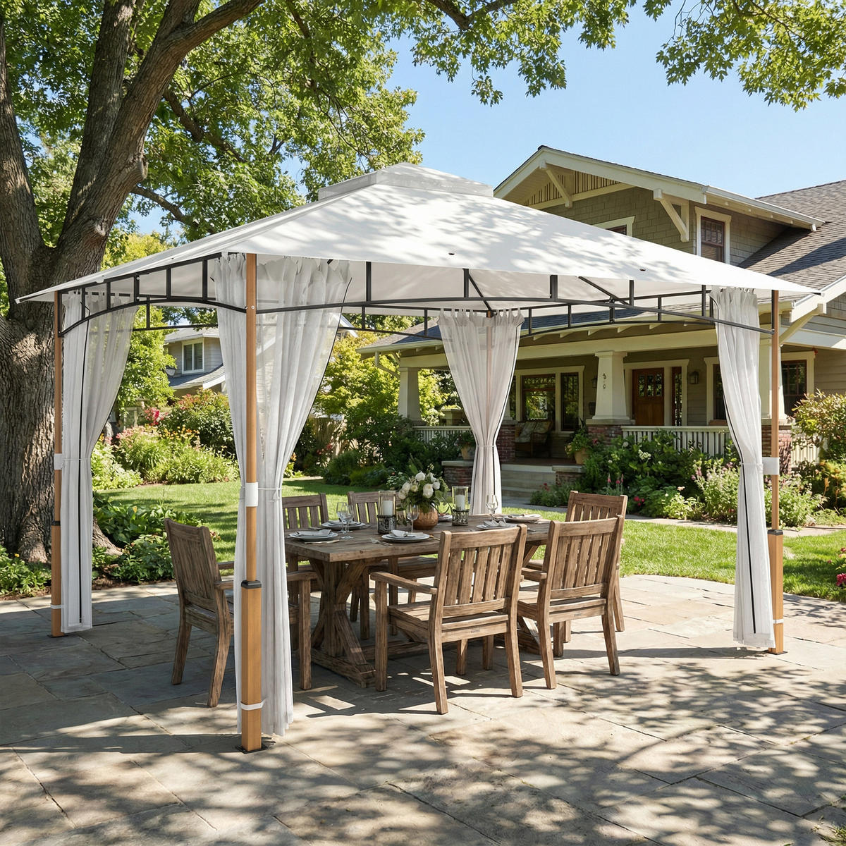 GARTENPAVILLON, Sonnenschutznetz, Teakholz creme - Creme, Textil (69/32/243cm) - Vallsero