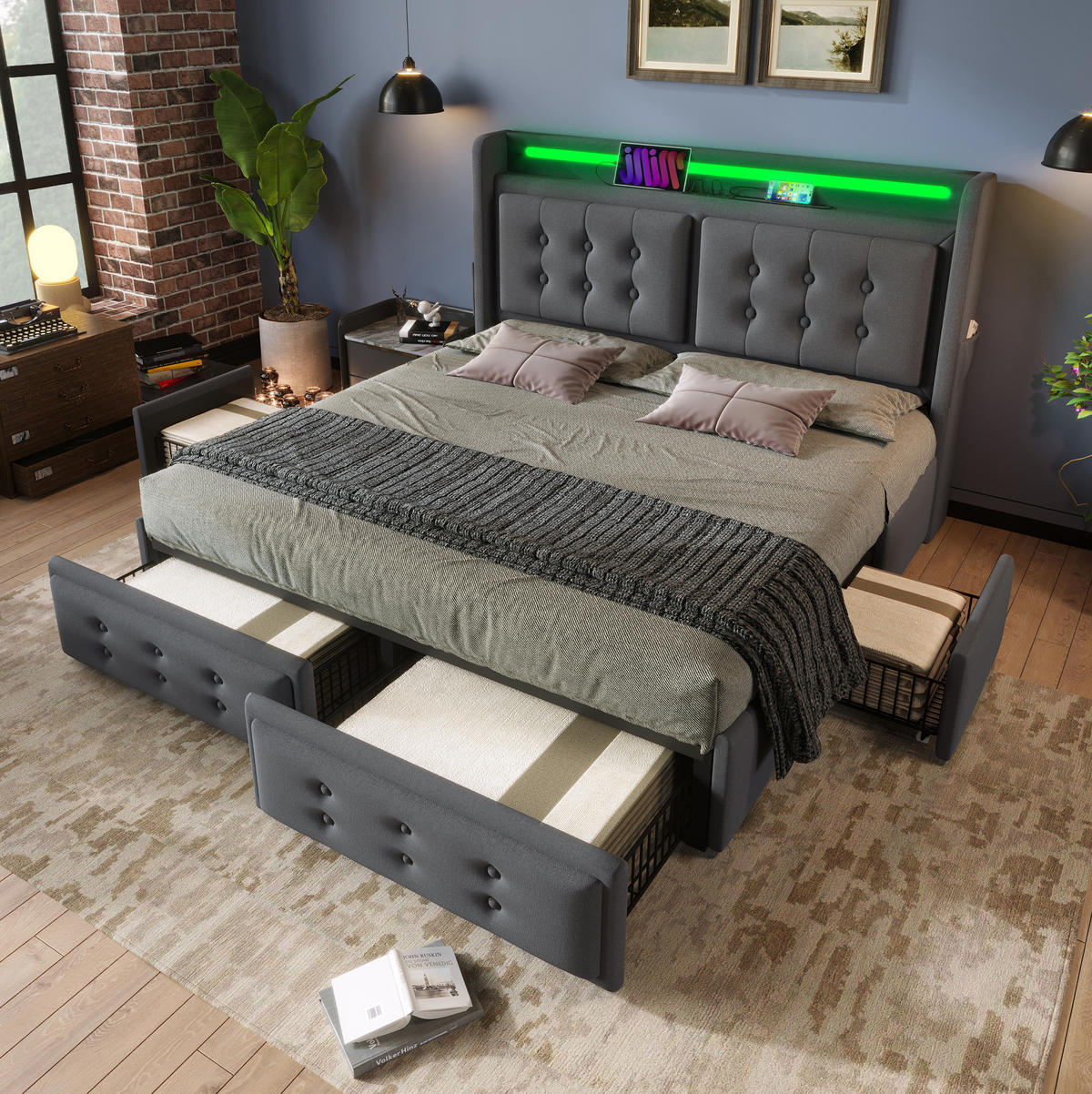 POLSTERBETT aus Baumwoll-Leinen 140x200 cm in Grau mit LED & Matratze - Grau, Textil (140/200cm) - Modfu