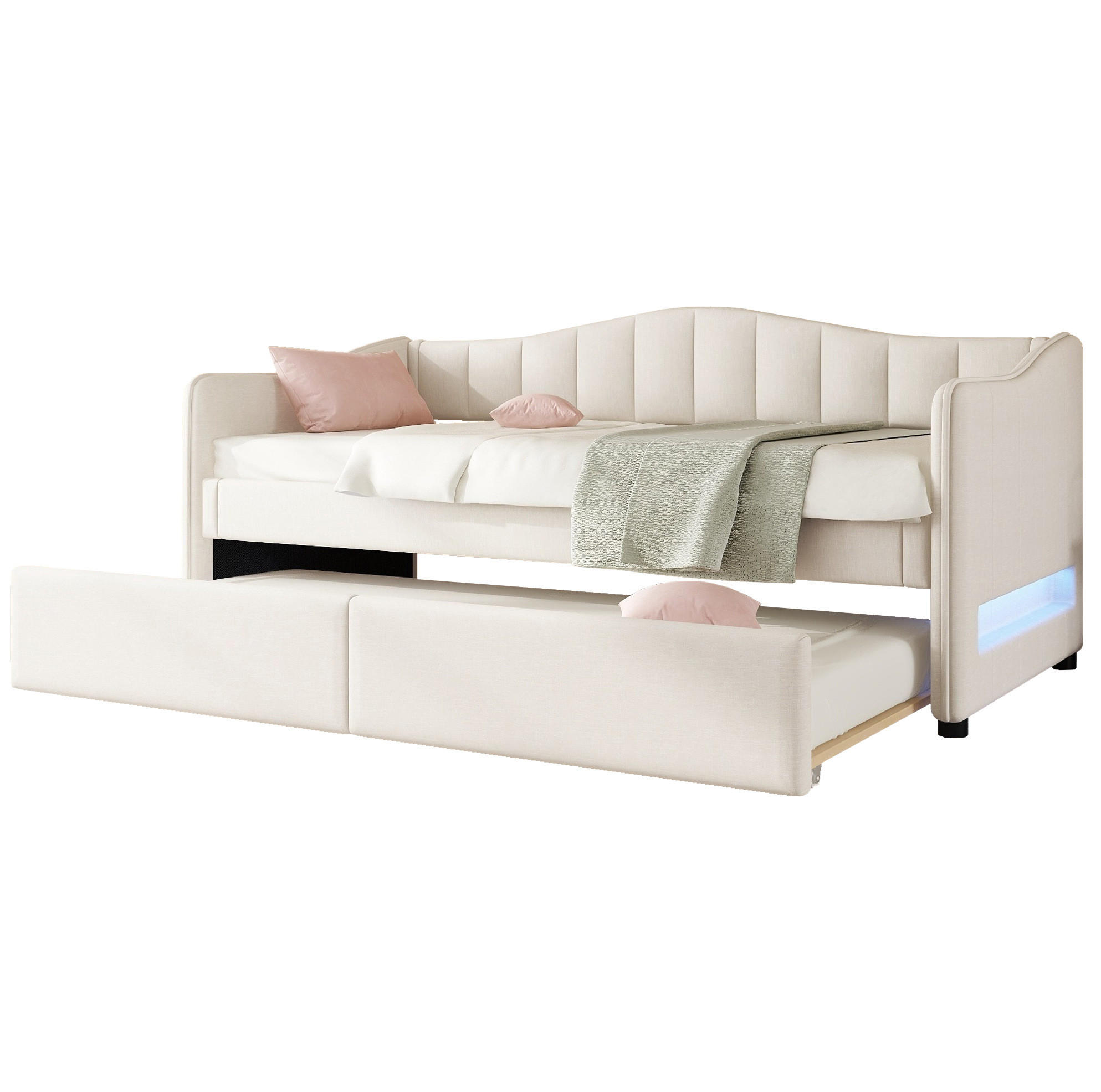 OKWISH POSTEL 90/200 cm béžová z lnu s výsuvným lůžkem a LED osvětlením