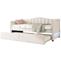 POLSTERBETT 90/200 cm Beige mit Ausziehbett und LED-Beleuchtung aus Leinen und MDF - Beige, Textil (90/200cm) - OKWISH
