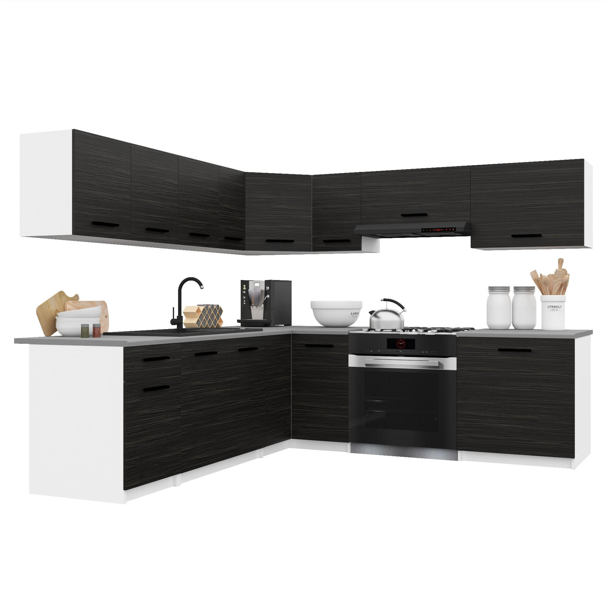 KÜCHENZEILE Italia 7 420 cm , mit Arbeitsplatten, Ebenholz - Schwarz, Holz (420/143/60cm) - B BELINI GROUP