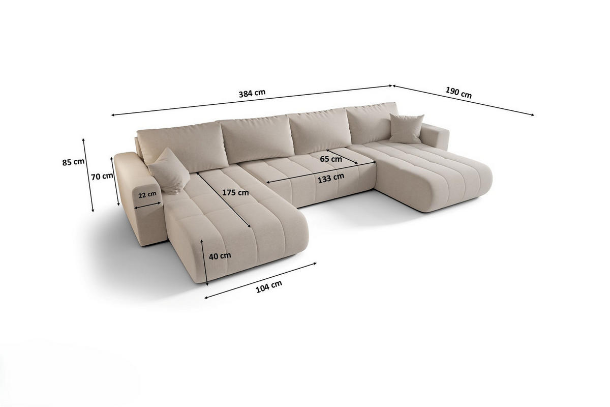 ECKSOFA mit schlaffunktion und bettkasten MILO U, stoff WIND, Beige - Beige, Holz (384/190cm) - Kaiser Möbel