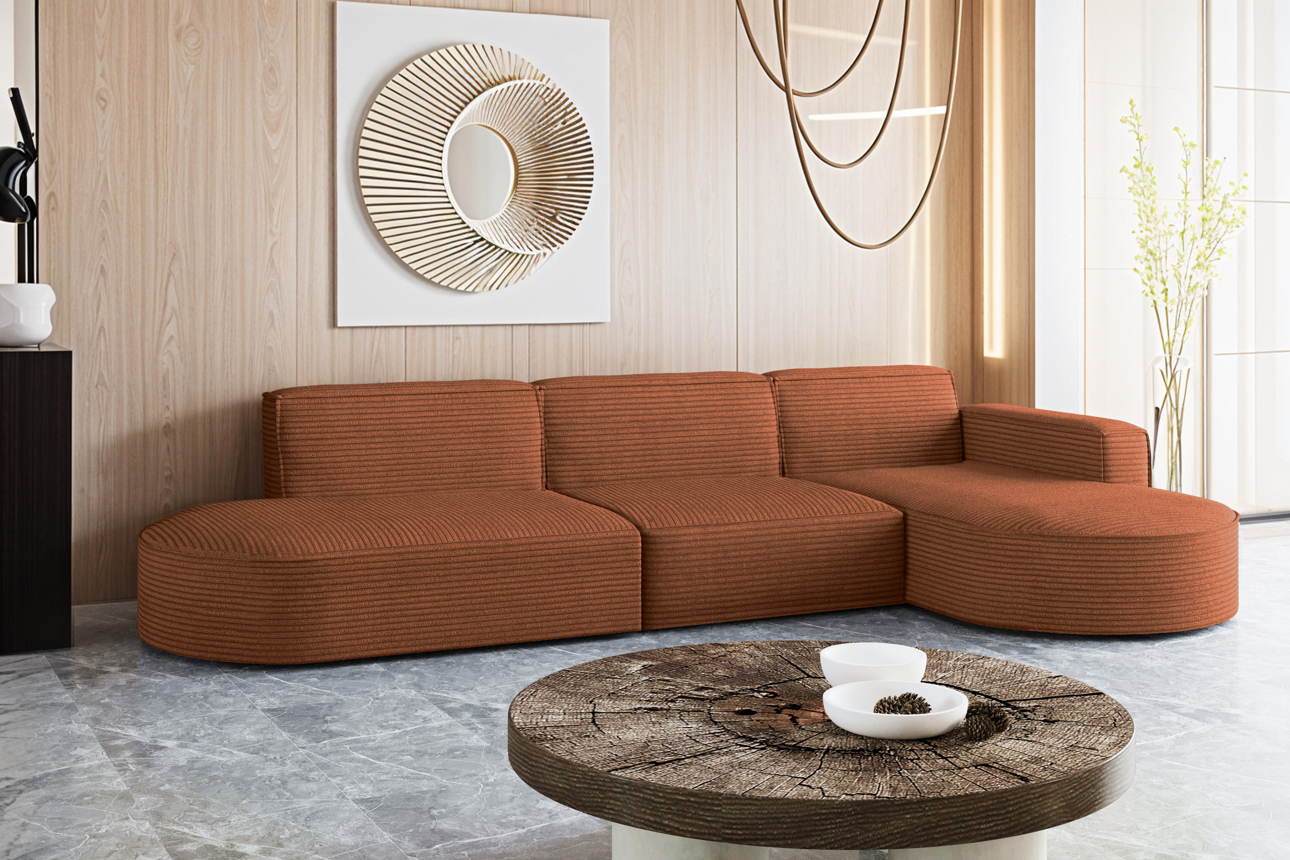 ECKSOFA Designer, Sofa L form MODENA 302 cm stoff Poso Ziegel Rechts - Orange, Holz (302/296cm) - Kaiser Möbel