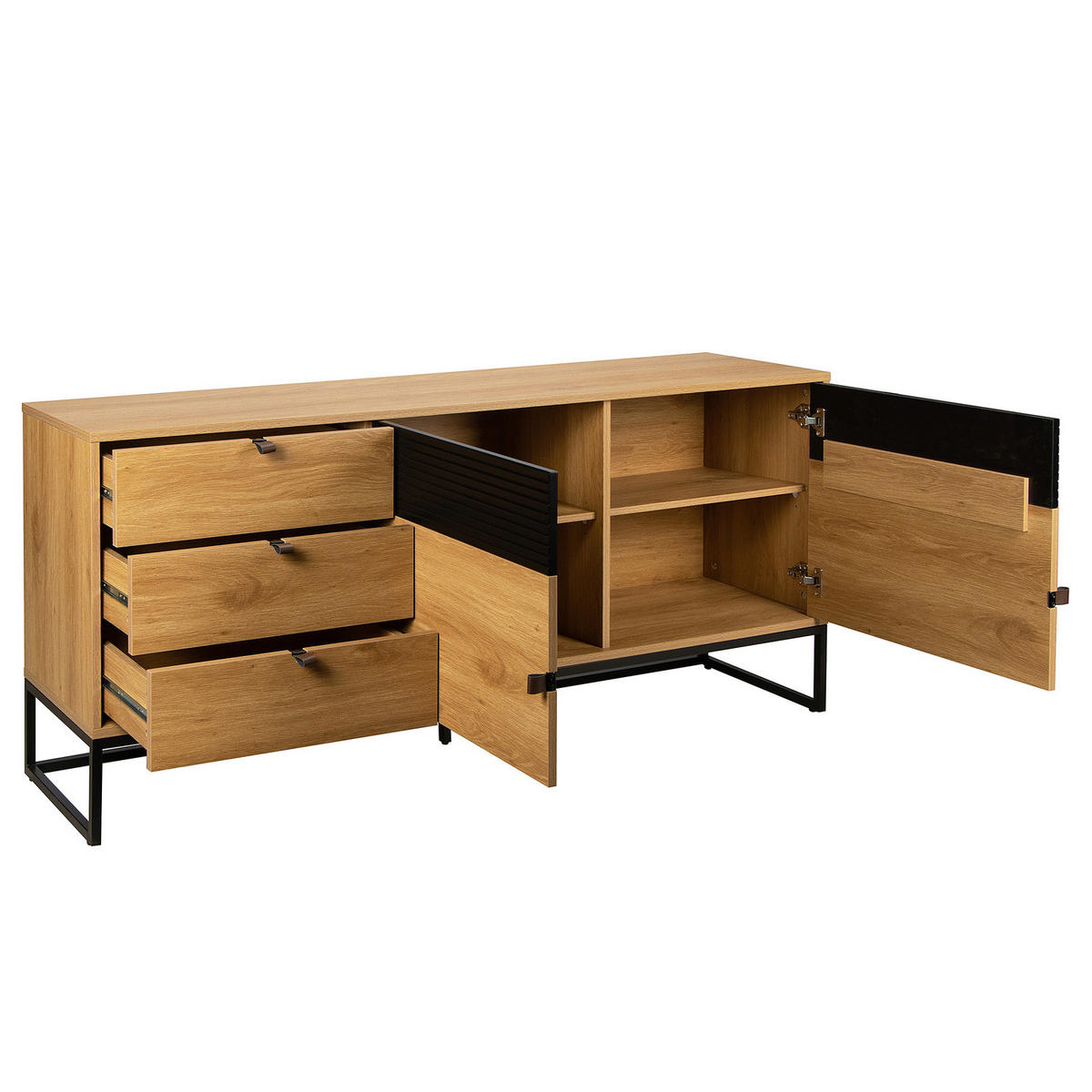 SIDEBOARD - 180 cm - Eichefarben/Schwarz, Holzwerkstoff/Kunststoff (180/75/40cm) - home24