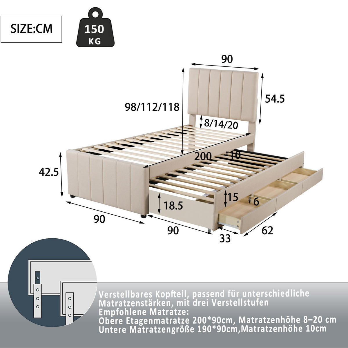 POLSTERBETT 90/200 cm Beige mit Ausziehbett und 3 Schubladen höhenverstellbares Kopfteil - Beige, Textil (90/200cm) - OKWISH