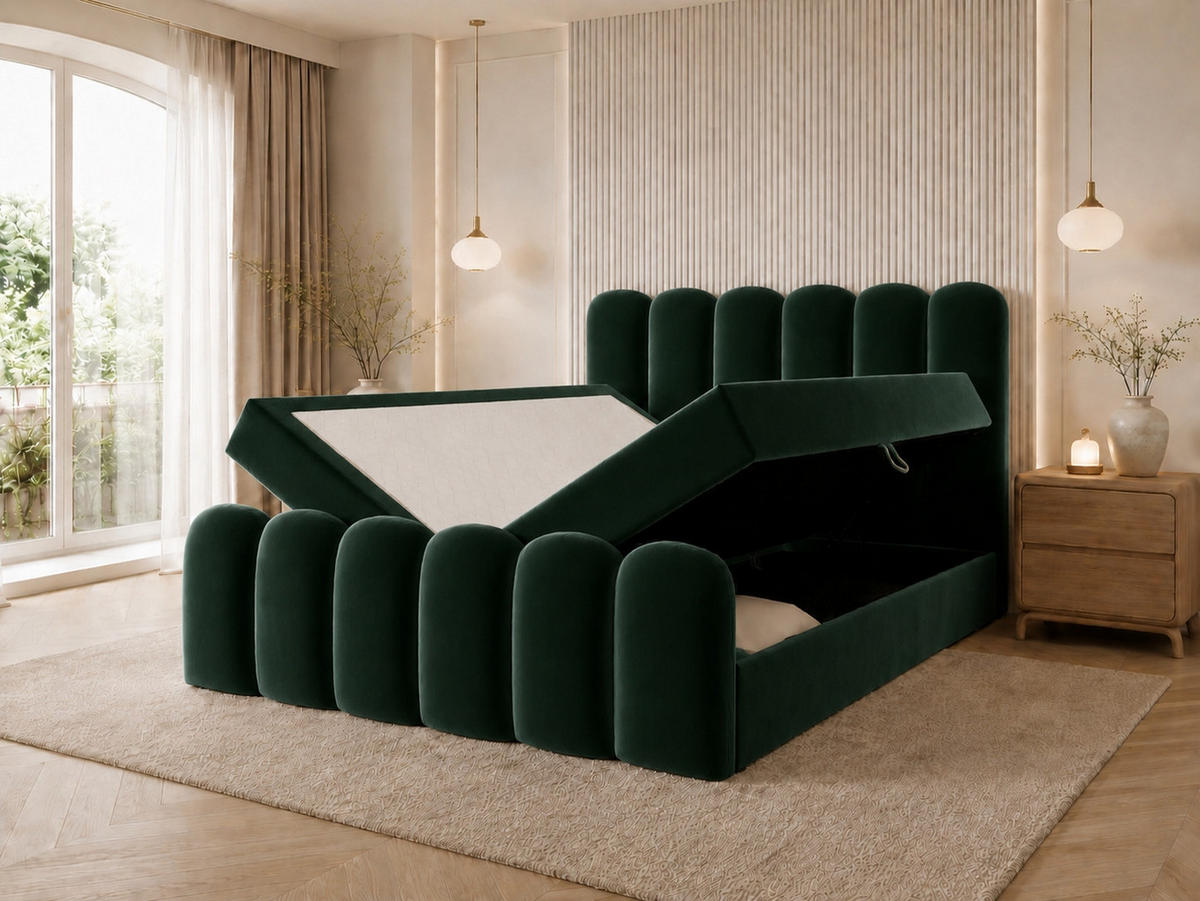 BOXBETT CUDDLE 120x200 cm in Grün, Bettkasten, Topper, Velvet-Stoff - Grün, Holz/Textil (120/200cm) - EMLAR Home