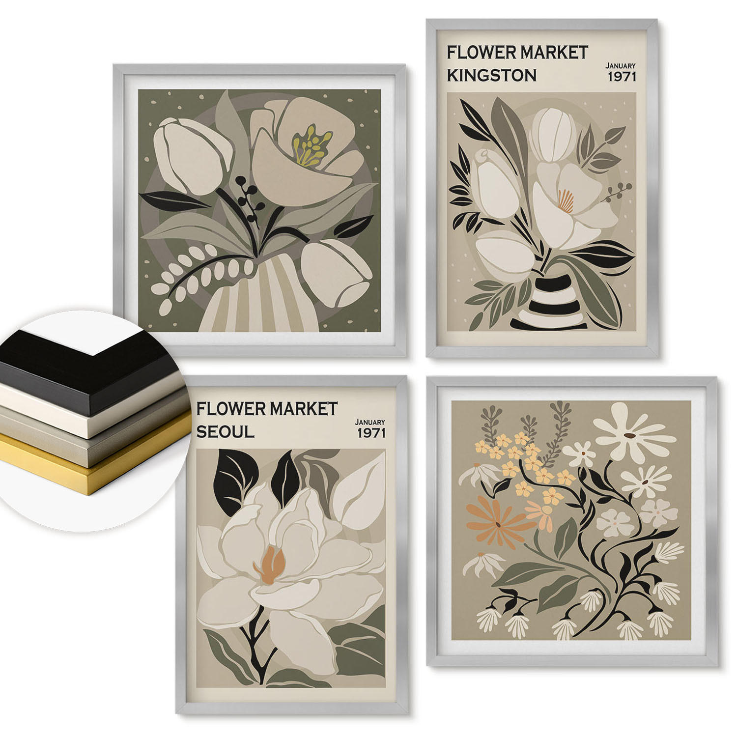 WANDBILDER 4er Set - 50x50 cm & 40x60 cm Silberner Rahmen - Kingston Seoul Retro-Blumen - Silberfarben, Kunststoff (50/50cm) - ArtPrintCave