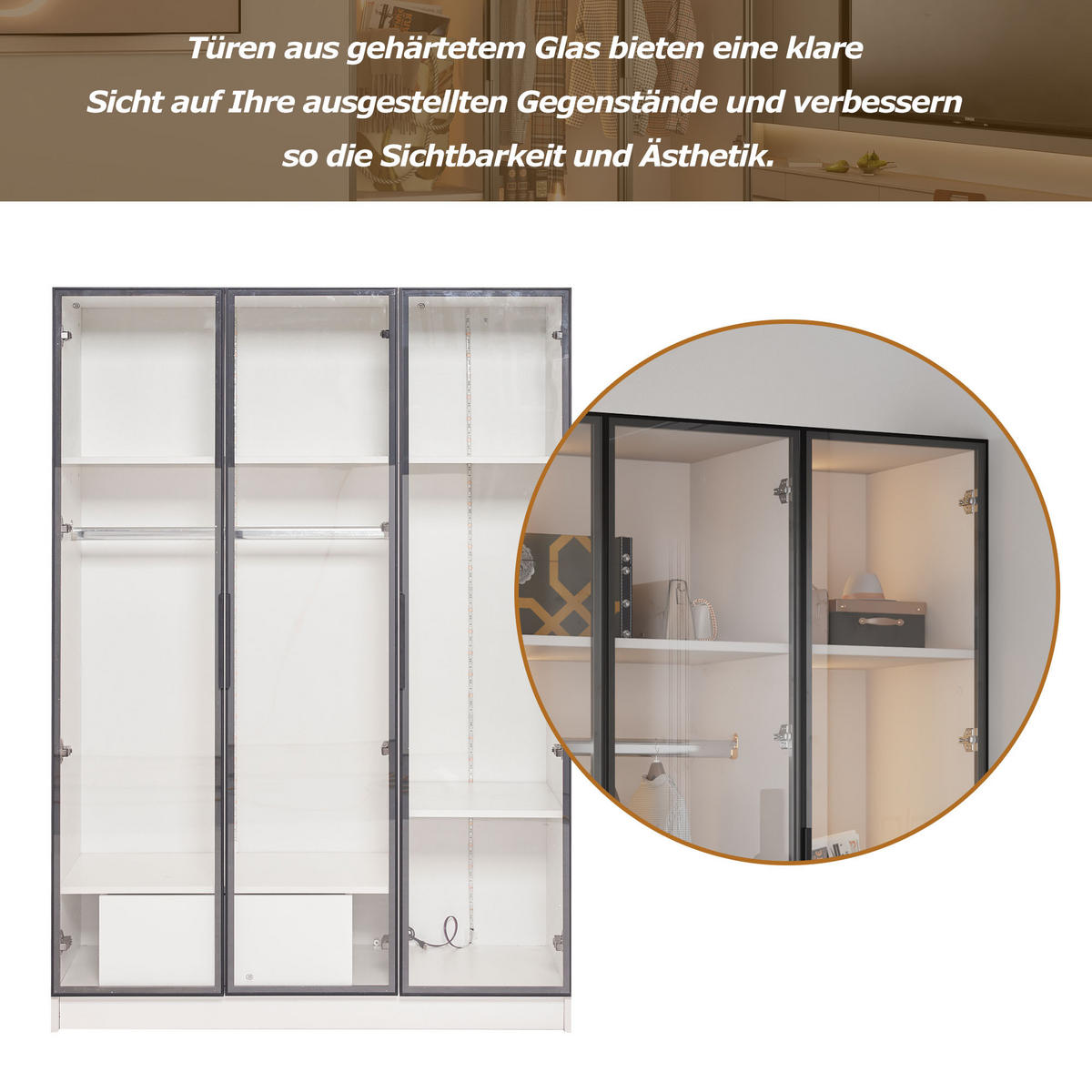 HIGHBOARD in Weiß Kleiderschrank mit 3 Glastüren, 1 Schublade und 1 Kleiderstange für Schlafzimmer, B110/T50/H160cm - Transparent/Weiß, Glas/Holzwerkstoff (110/160/50cm) - STILVORA