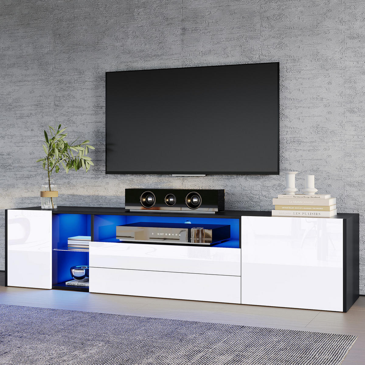 TV-SCHRANK 180x40cm Hochglanz Lowboard LED 2 Schubladen 2 Schränke Schwarz-Weiß - Weiß, Holz (52.76/21.51/59.16cm) - FLIEKS