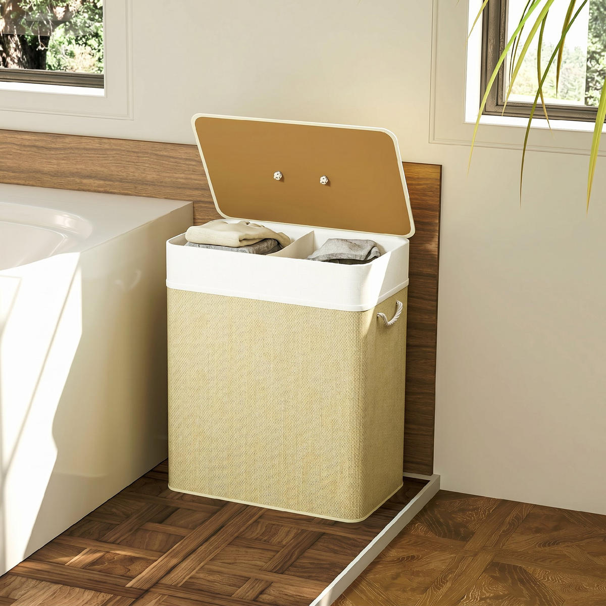 BAMBUS Cremeweiß - Hellbraun/Creme, Holz/Bambusholz (32/63/52cm) - HOMCOM