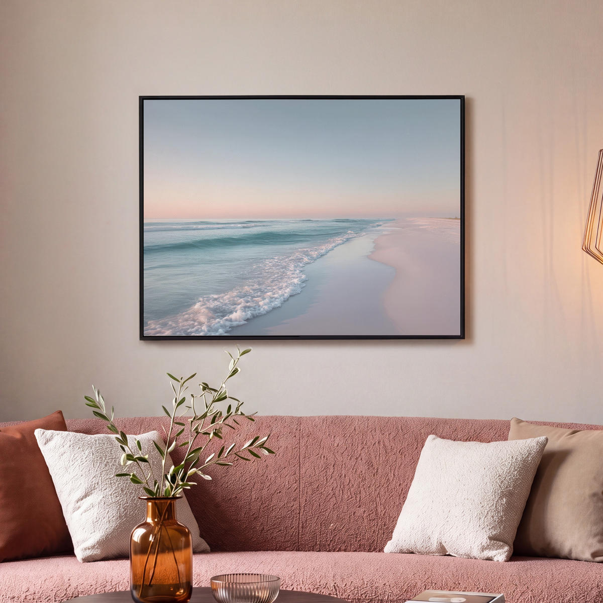 LEINWAND Bilder mit Rahmen - Küstenlinie - Pastell - Wasser - 70x50 - Pastellblau, Textil (70/50cm) - MuchoWow