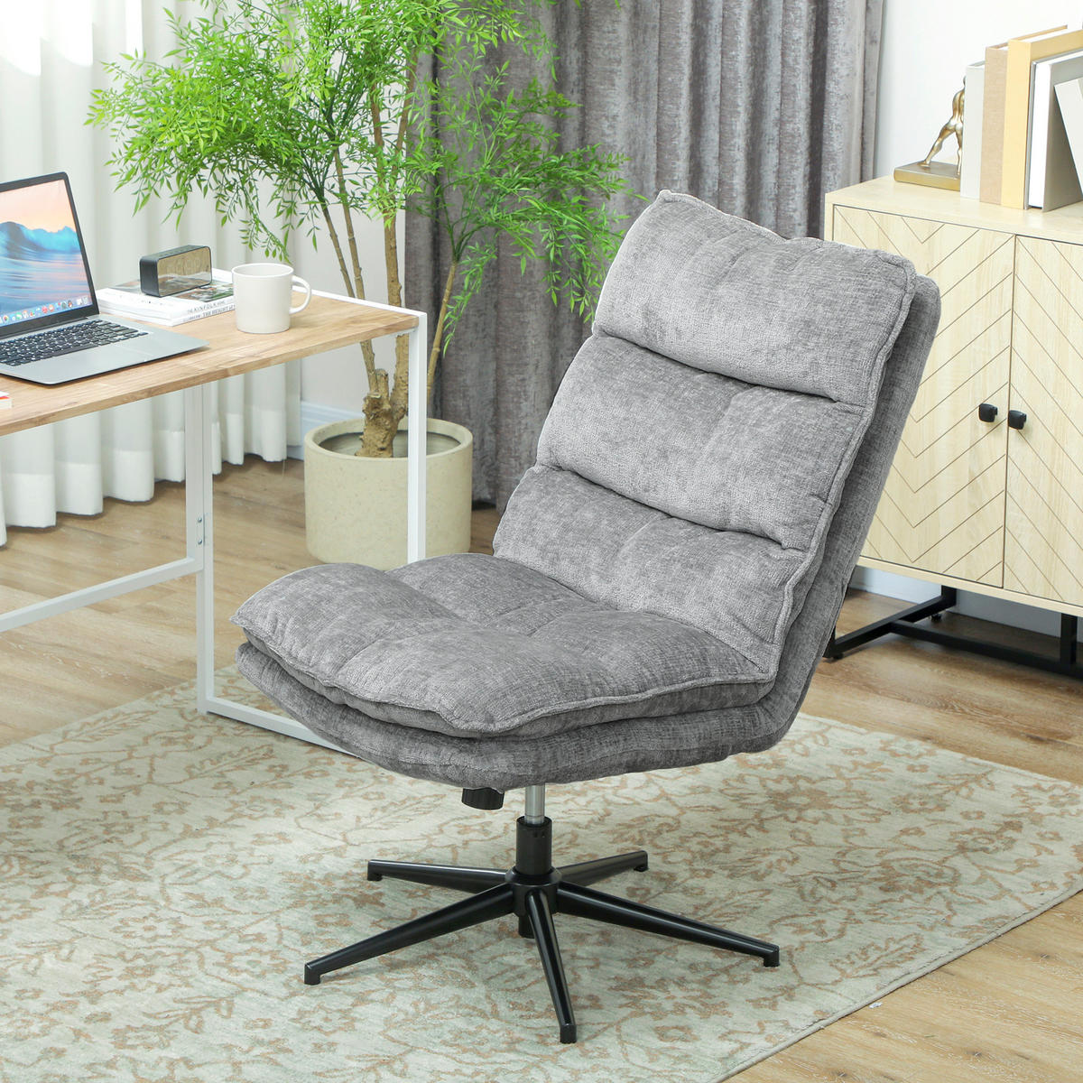 BÜROSTUHL Ohne Armlehnen Gepolsterter Schreibtischstuhl mit Breiter Polster - Schwarz/Grau, Textil/Metall (63.5/102/81cm) - HOMCOM