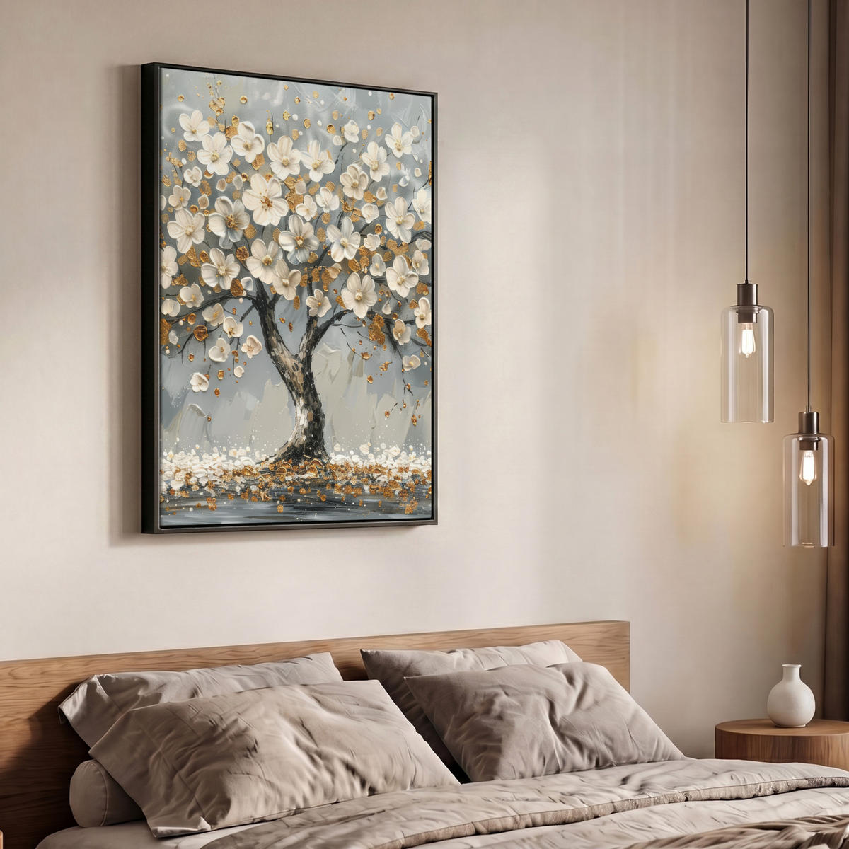 LEINWAND Bilder mit Rahmen - Baum - Blumen - Weiß - Natur - Kunst - 70x100 - Weiß, Textil (70/100cm) - MuchoWow