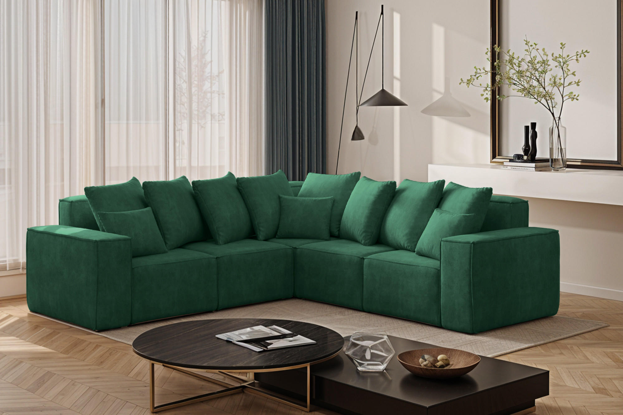 ECKSOFA Corner Ella Stoff Noel Velours Grün - Grün, Holz/Textil (246/246cm) - Kaiser Möbel