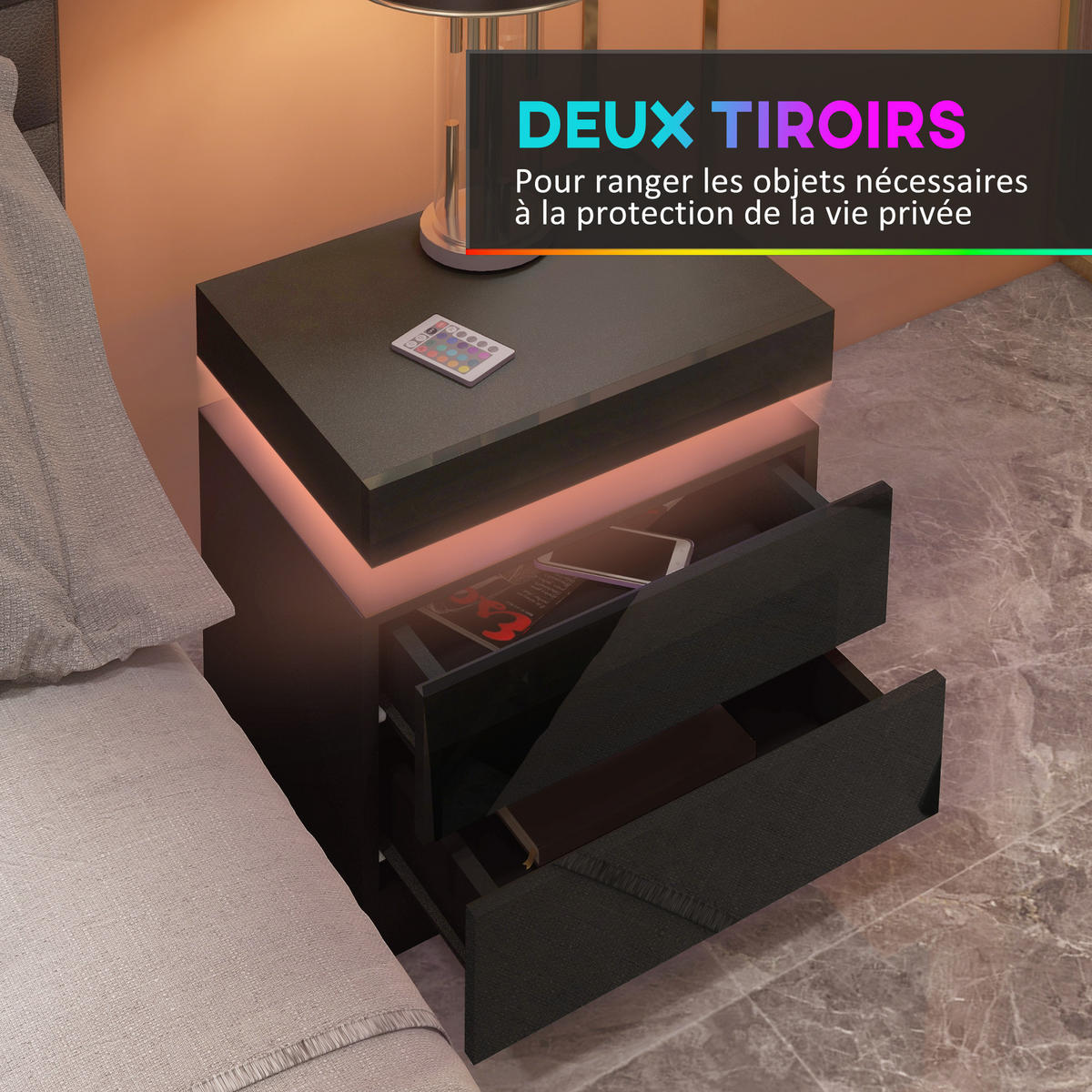 NACHTSCHRANK DE-12861 LED-RGB-Beleuchtung, Hochglanz Schwarz - Schwarz, Holzwerkstoff (35/52/45cm) - ComfortXL