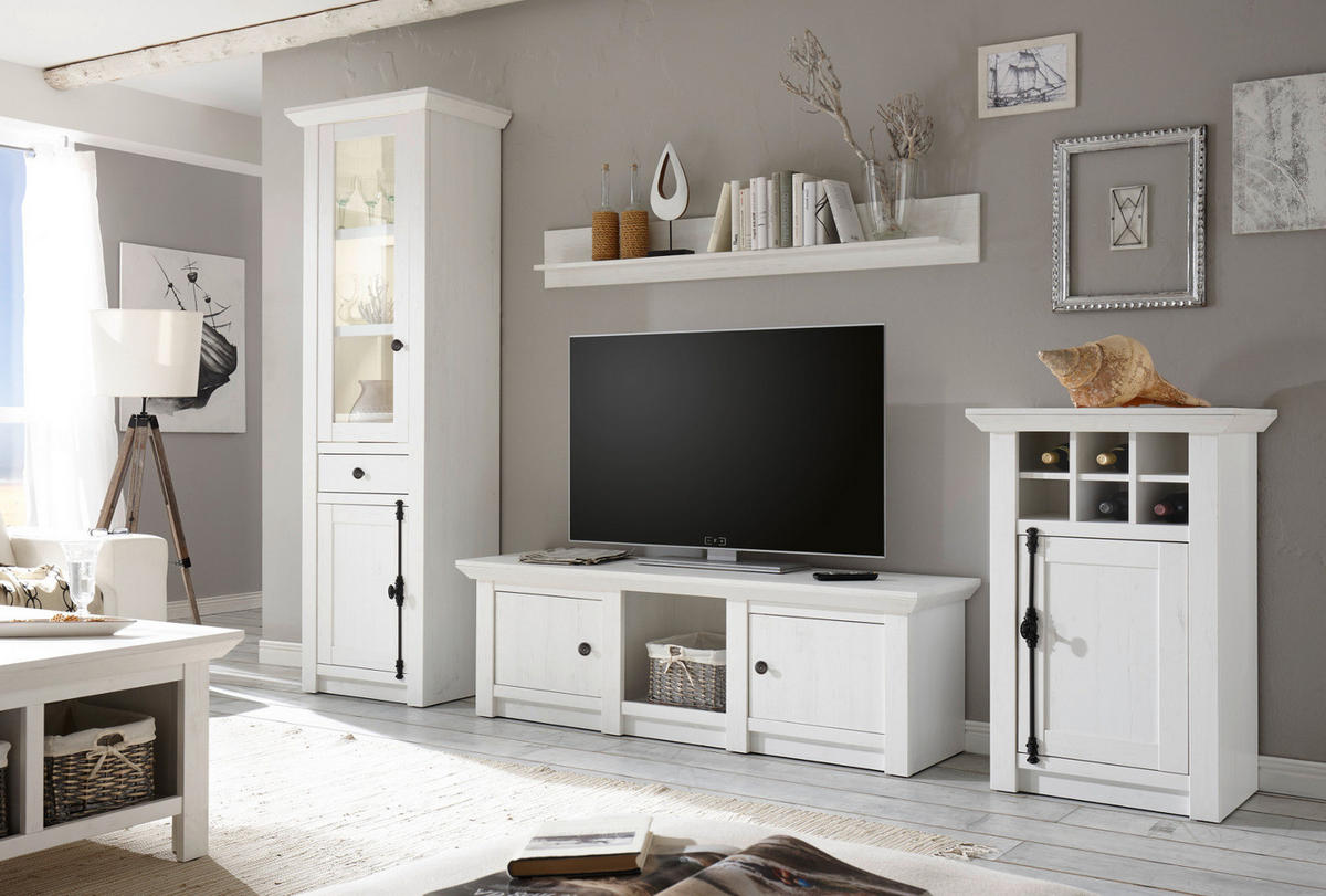 WOHNWAND weiß Pinie Landhaus, Schrankwand 4-teilig 298 x 207 cm - Anthrazit/Weiß, Holzwerkstoff/Metall (298/207/45cm) - Furn.Design