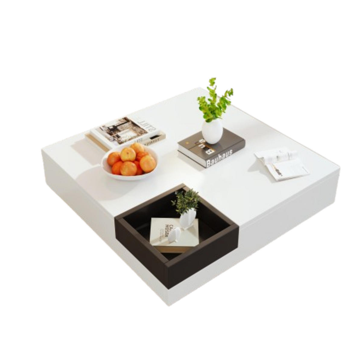 COUCHTISCH 72/72/30 cm hochglanz Weiß und Schwarz mit abnehmbarer Aufbewahrungsbox und LED-Lichteffekt - Weiß, Holzwerkstoff (72/72/30cm) - OKWISH