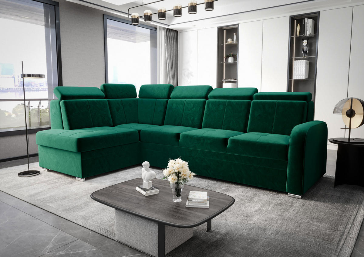 ECKSOFA KONGO RBN11, Eckcouch in L-Form mit Schlaffunktion, Farbe: Grün, Velourstoff, Ottomane Links - Grün, Textil (304/180cm) - O-Sofa