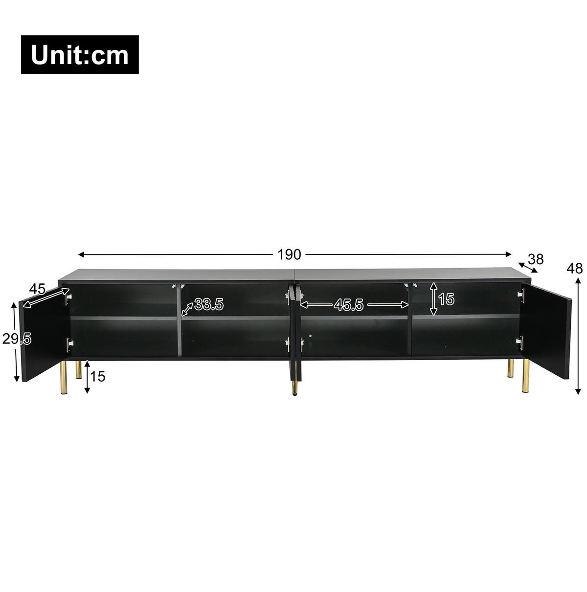 TV-SCHRANK mit 4 Türen 190 x 38 x 48 cm Schwarz - Schwarz, Holzwerkstoff (38/48/190cm) - Beauniv